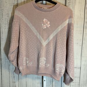 Isle Of Cotton Women’s XL Sweater Vintage Pink Rose Pattern Floral